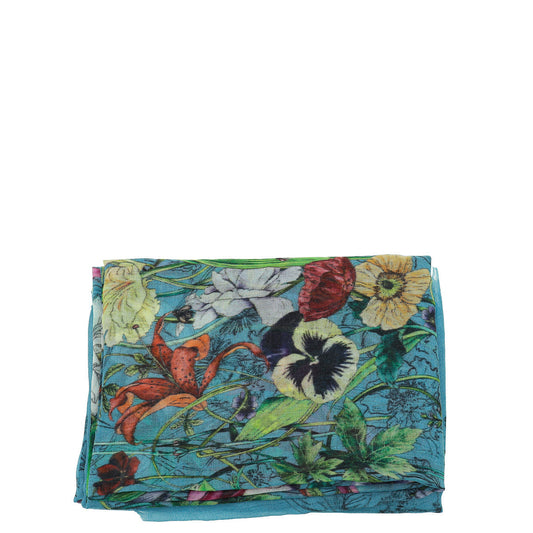 Gucci Blue Multicolor Flower Print Cashmere Shawl