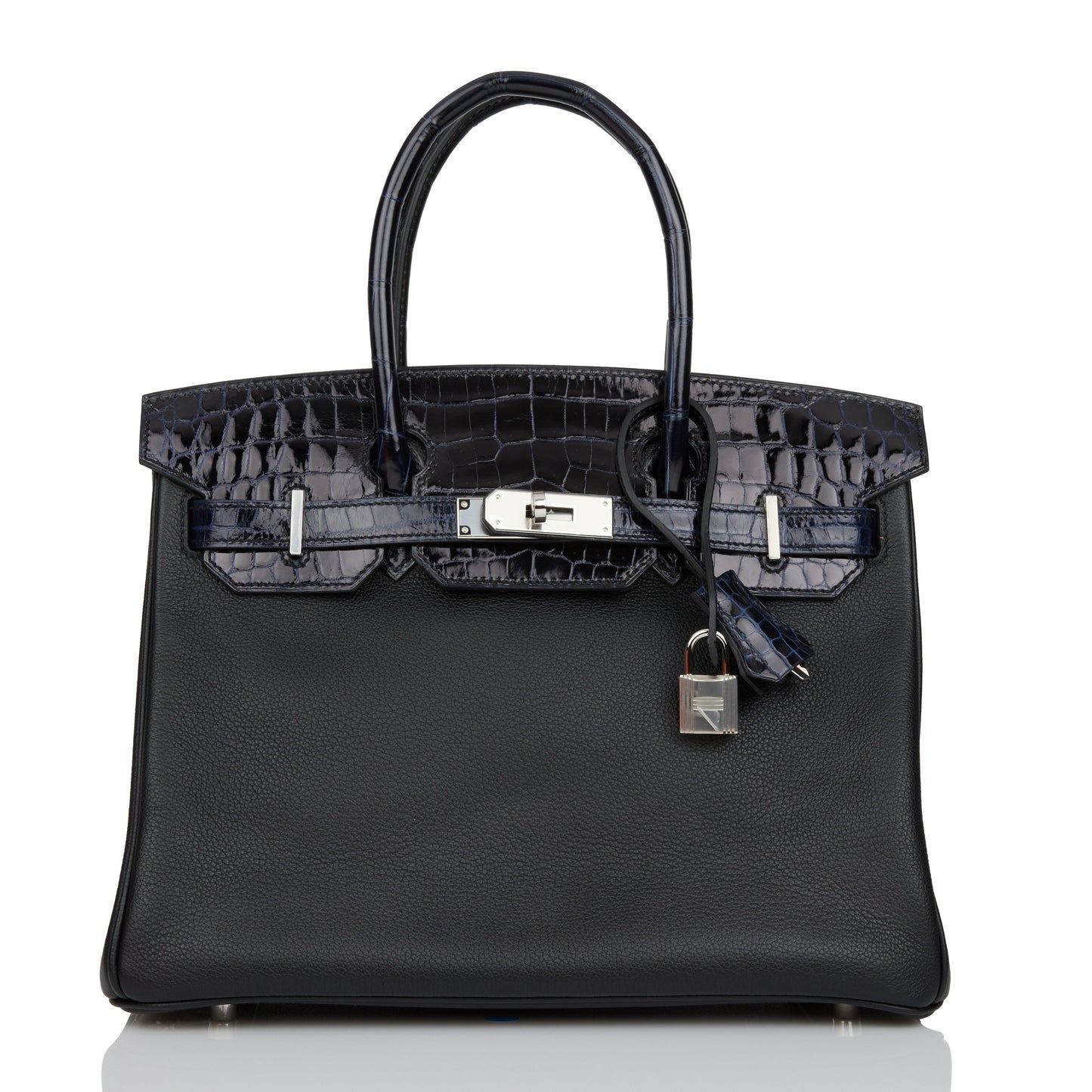 Hermes Birkin 30 Bleu Marine Shiny Niloticus Crocodile and Black Novillo Touch Palladium Hardware