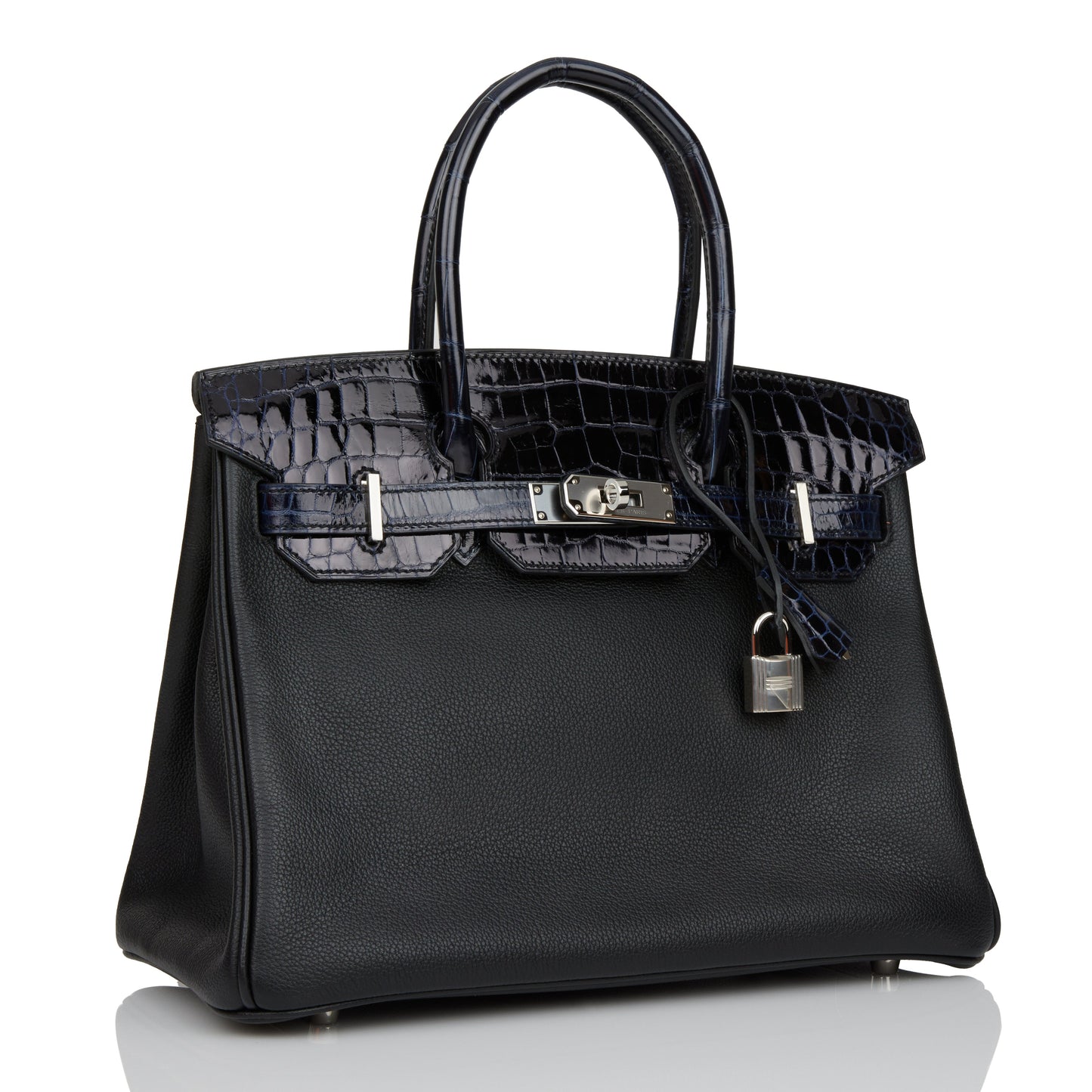 Hermes Birkin 30 Bleu Marine Shiny Niloticus Crocodile and Black Novillo Touch Palladium Hardware