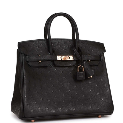 Hermes Birkin 25 Black Ostrich Rose Gold Hardware