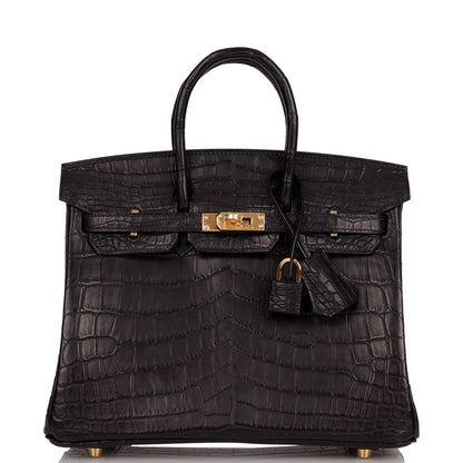 Hermes Birkin 25 Black Matte Niloticus Crocodile Gold Hardware