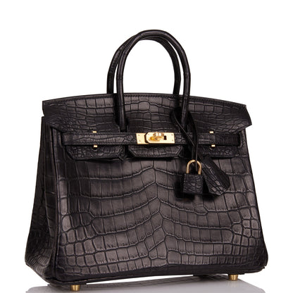 Hermes Birkin 25 Black Matte Niloticus Crocodile Gold Hardware