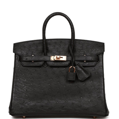 Hermes Birkin 25 Black Ostrich Rose Gold Hardware