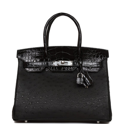 Hermes Birkin 30 Black Shiny Alligator and Ostrich Touch Palladium Hardware