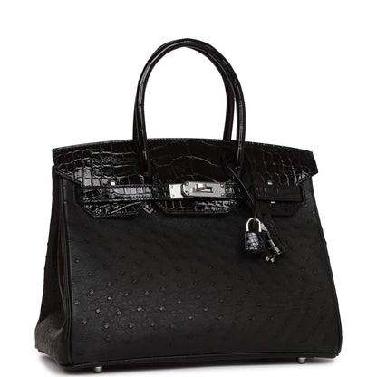 Hermes Birkin 30 Black Shiny Alligator and Ostrich Touch Palladium Hardware