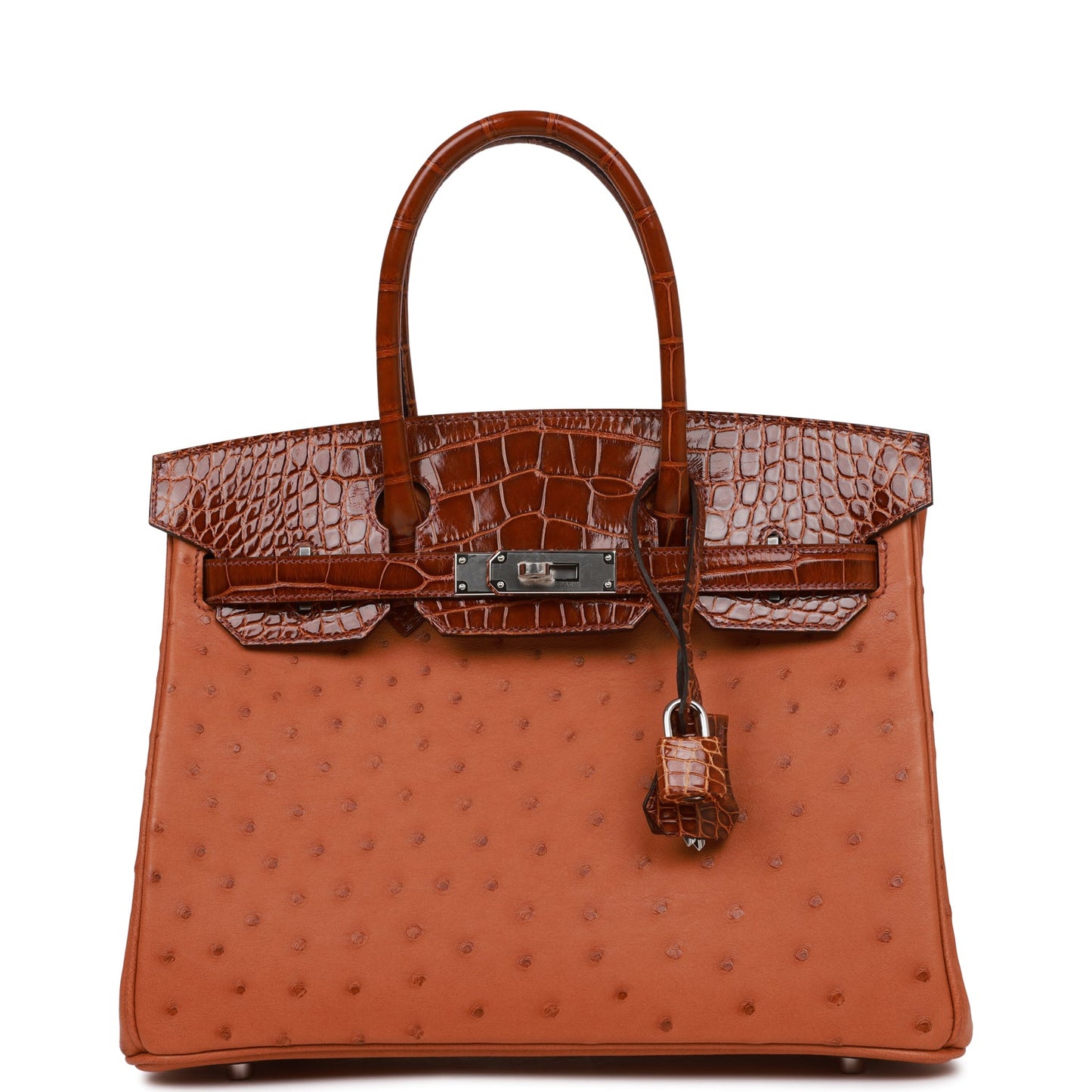 Hermes Birkin 30 Cognac and Miel Shiny Alligator and Ostrich Touch Palladium Hardware