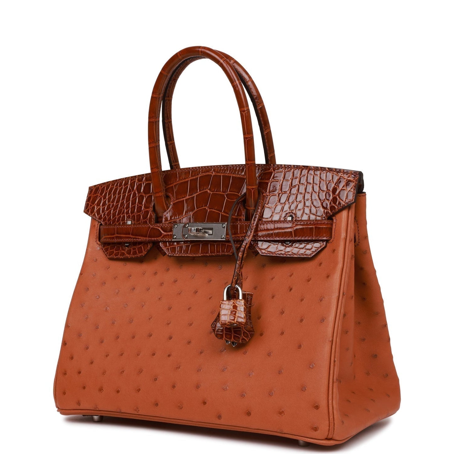 Hermes Birkin 30 Cognac and Miel Shiny Alligator and Ostrich Touch Palladium Hardware