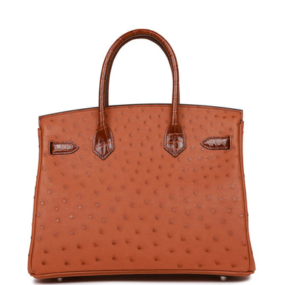 Hermes Birkin 30 Cognac and Miel Shiny Alligator and Ostrich Touch Palladium Hardware