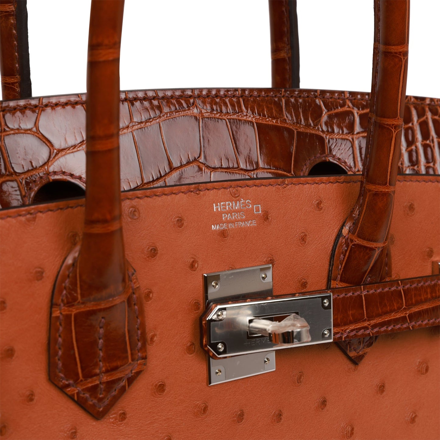 Hermes Birkin 30 Cognac and Miel Shiny Alligator and Ostrich Touch Palladium Hardware