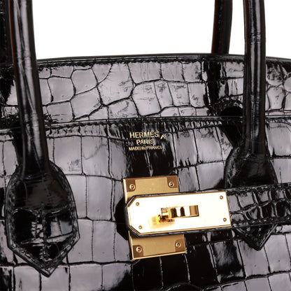 Hermes Birkin Sellier 30 Black Shiny Porosus Crocodile Gold Hardware