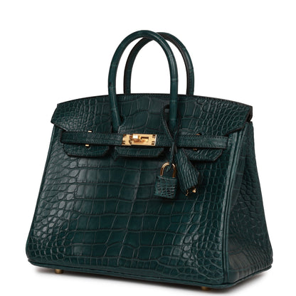 Hermes Birkin 25 Vert Cypress Matte Alligator Gold Hardware