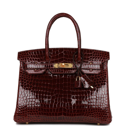 Hermes Birkin 30 Bordeaux Shiny Porosus Crocodile Gold Hardware