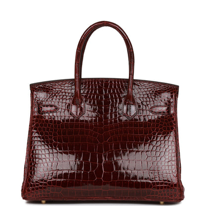 Hermes Birkin 30 Bordeaux Shiny Porosus Crocodile Gold Hardware