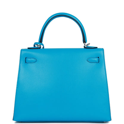 Hermes Kelly Sellier 25 Bleu Frida Chevre Palladium Hardware