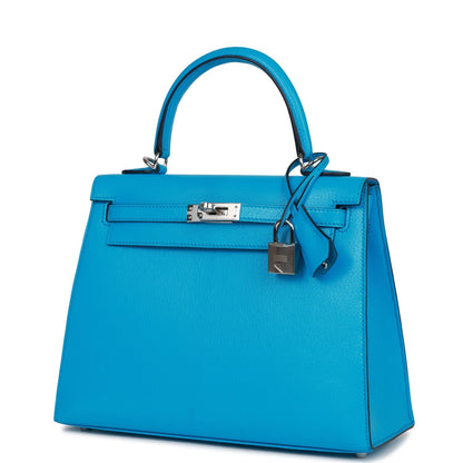 Hermes Kelly Sellier 25 Bleu Frida Chevre Palladium Hardware