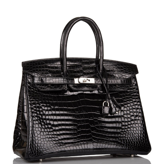 Hermes Birkin 35 Black Shiny Porosus Crocodile Palladium Hardware