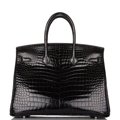 Hermes Birkin 35 Black Shiny Porosus Crocodile Palladium Hardware