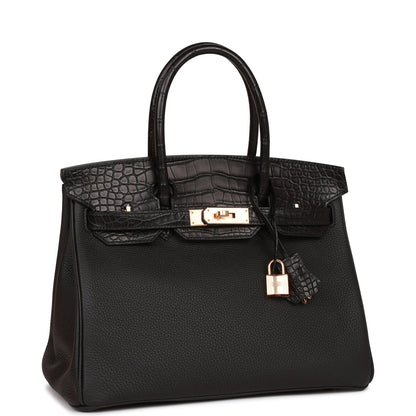 Hermes Birkin 30 Black Matte Alligator and Togo Touch Rose Gold Hardware