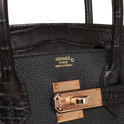 Hermes Birkin 30 Black Matte Alligator and Togo Touch Rose Gold Hardware