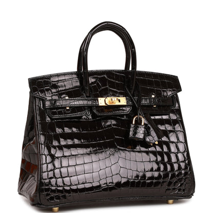 Hermes Birkin 25 Black Shiny Niloticus Crocodile Gold Hardware