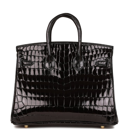 Hermes Birkin 25 Black Shiny Niloticus Crocodile Gold Hardware