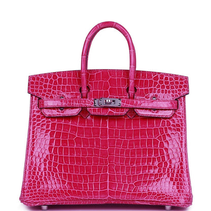 Hermes Birkin 25 Rose Mexico Shiny Porosus Crocodile Palladium Hardware