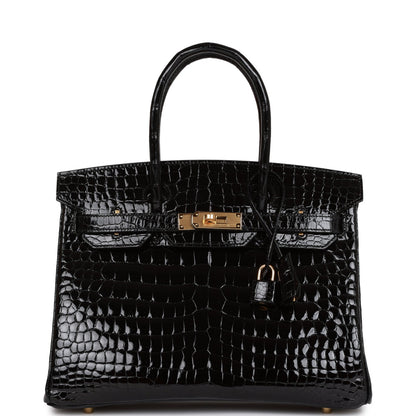 Hermes Birkin 30 Black Shiny Niloticus Crocodile Gold Hardware