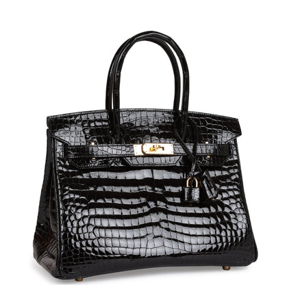 Hermes Birkin 30 Black Shiny Niloticus Crocodile Gold Hardware