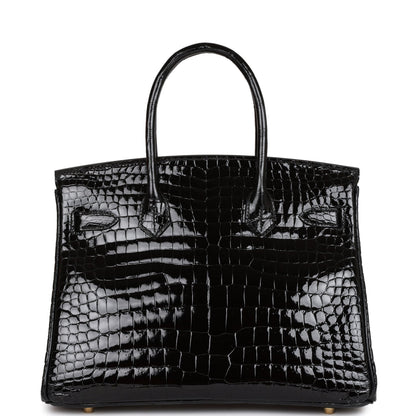 Hermes Birkin 30 Black Shiny Niloticus Crocodile Gold Hardware