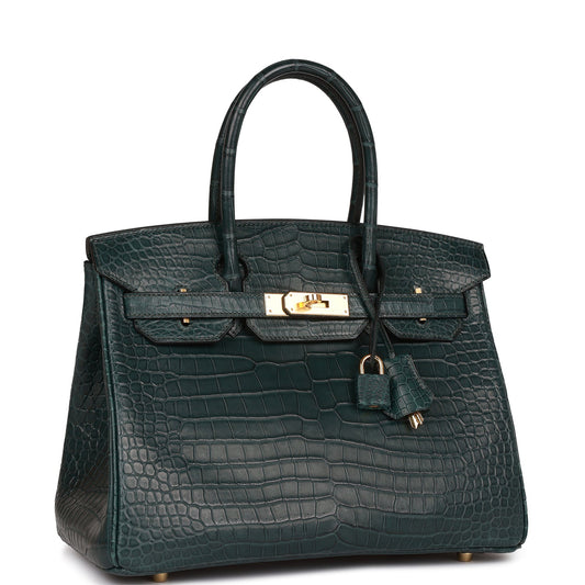 Hermes Birkin 30 Vert Fonce Matte Porosus Crocodile Gold Hardware