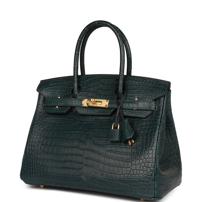 Hermes Birkin 30 Vert Fonce Matte Porosus Crocodile Gold Hardware