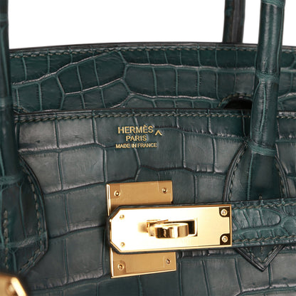 Hermes Birkin 30 Vert Fonce Matte Porosus Crocodile Gold Hardware