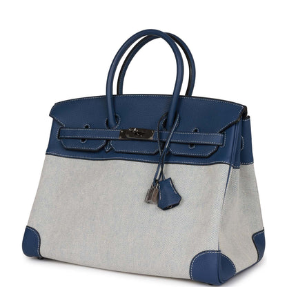 Hermes Birkin 35 Bleu Brighton Clemence and Toile H Ruthenium Hardware