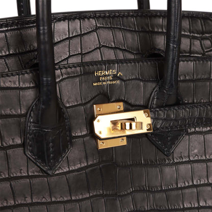 Hermes Birkin 25 Black Matte Porosus Crocodile Gold Hardware