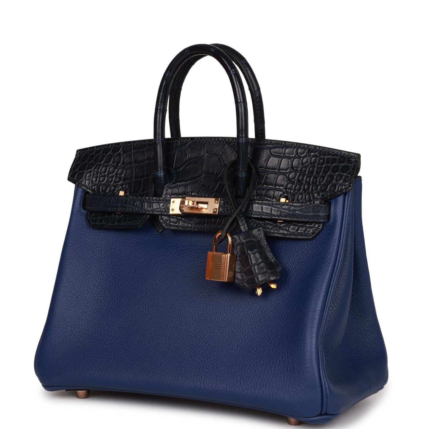 Hermes Birkin 25 Bleu Marine Matte Alligator and Bleu Saphir Novillo Touch Rose Gold Hardware