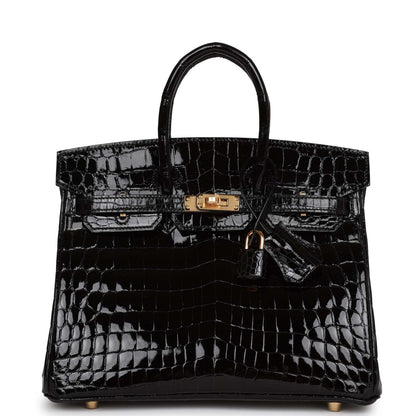 Hermes Birkin 25 Black Shiny Niloticus Crocodile Gold Hardware