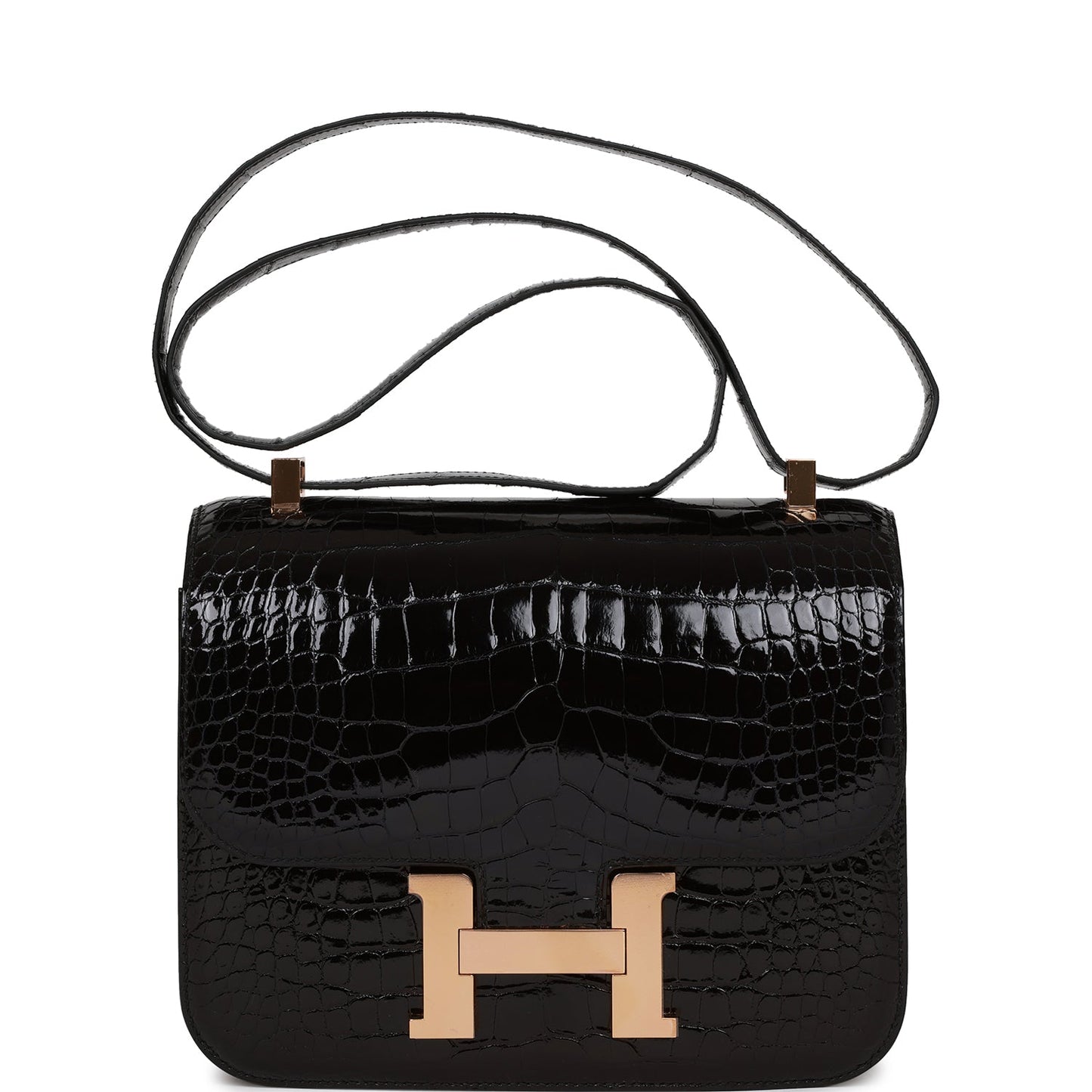 Hermes Constance 24 Black Shiny Alligator Rose Gold Hardware