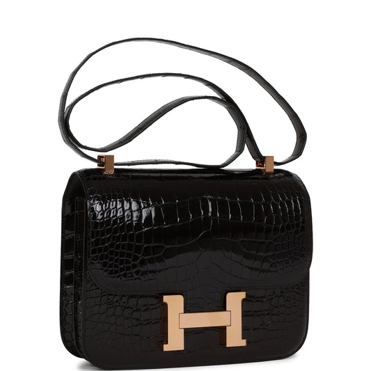 Hermes Constance 24 Black Shiny Alligator Rose Gold Hardware