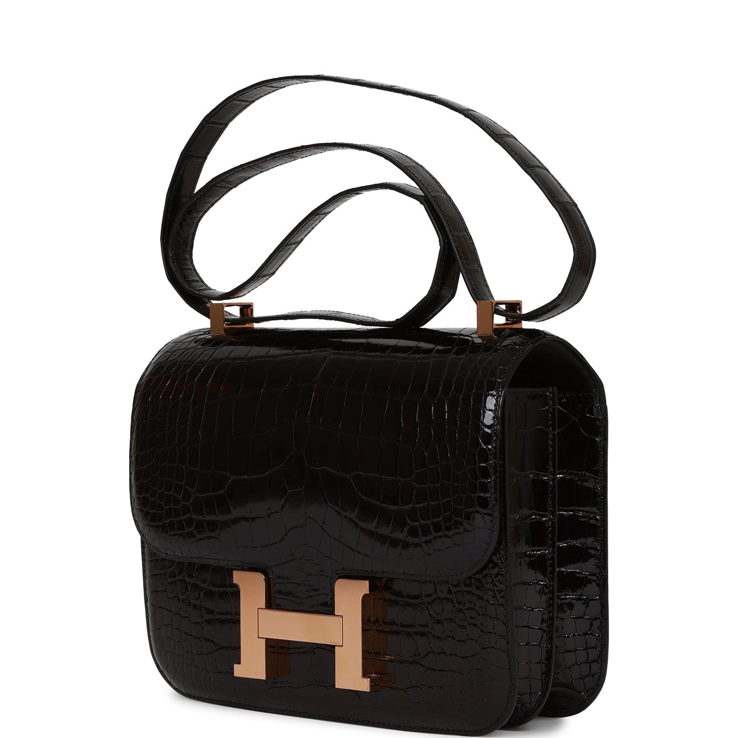 Hermes Constance 24 Black Shiny Alligator Rose Gold Hardware