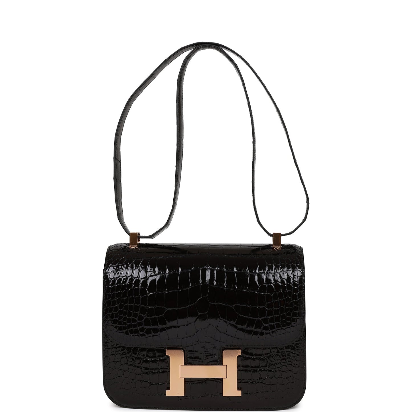 Hermes Constance 24 Black Shiny Alligator Rose Gold Hardware