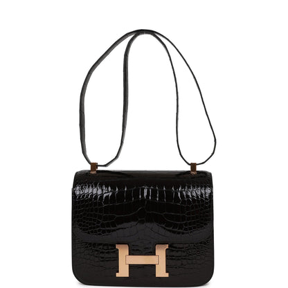 Hermes Constance 24 Black Shiny Alligator Rose Gold Hardware