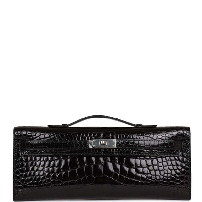 Hermes Kelly Cut Black Shiny Alligator Palladium Hardware