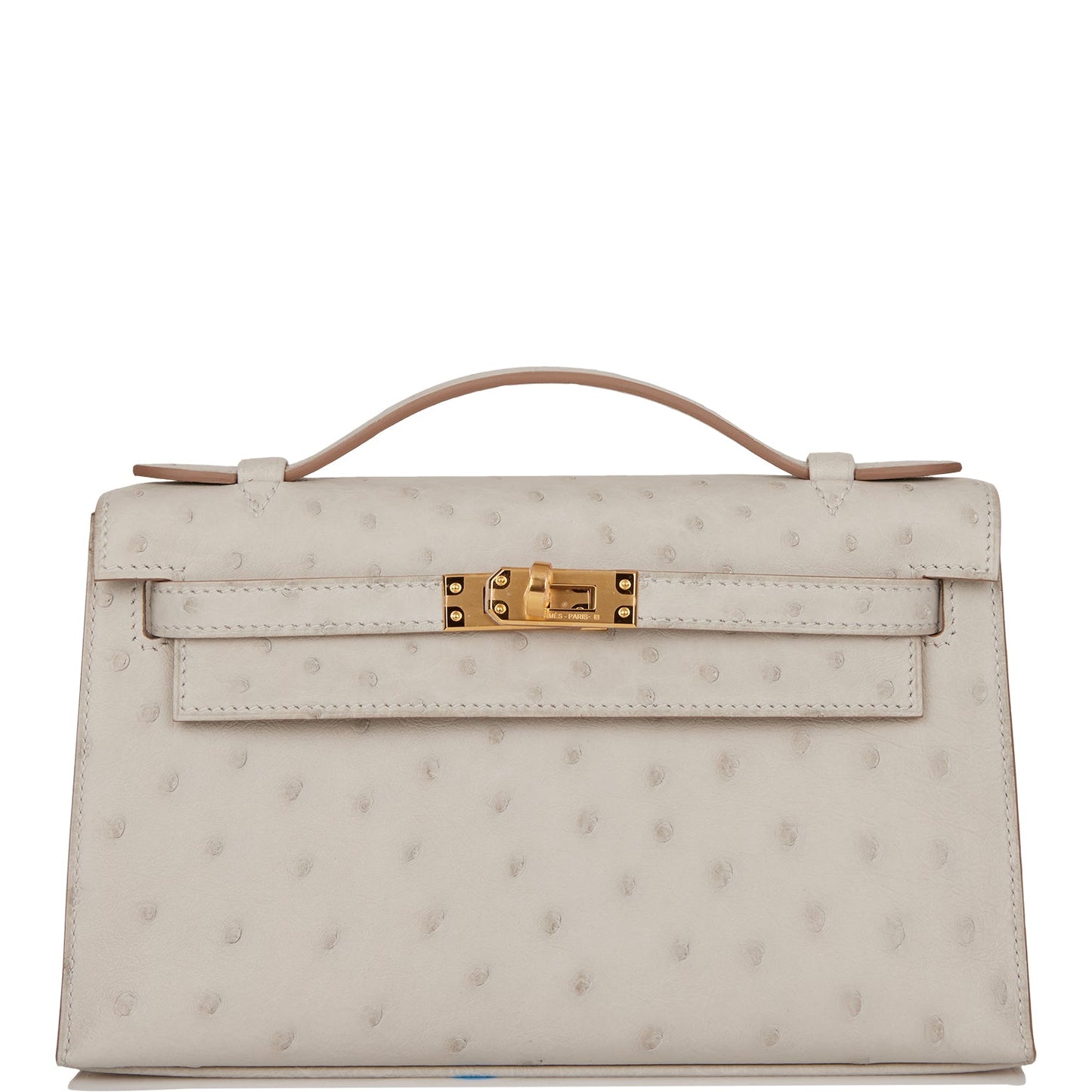 Hermes Kelly Pochette Gris Perle Ostrich Gold Hardware