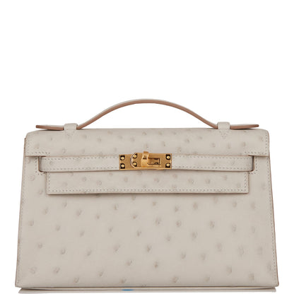 Hermes Kelly Pochette Gris Perle Ostrich Gold Hardware