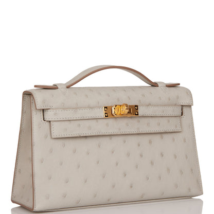 Hermes Kelly Pochette Gris Perle Ostrich Gold Hardware