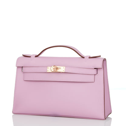 Hermes Kelly Pochette Mauve Sylvestre Swift Rose Gold Hardware