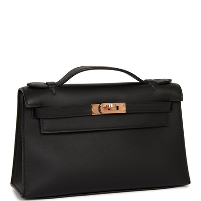 Hermes Kelly Pochette Black Swift Rose Gold Hardware