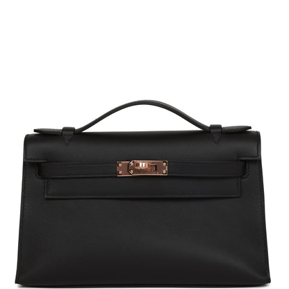 Hermes Kelly Pochette Black Swift Rose Gold Hardware