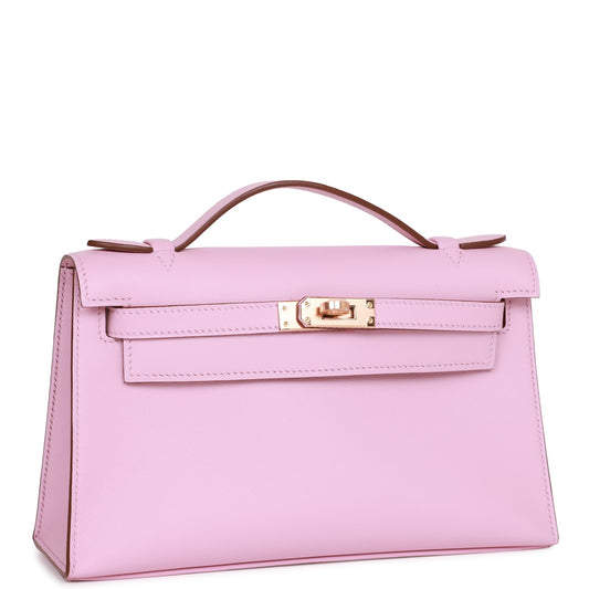 Hermes Kelly Pochette Mauve Sylvestre Swift Rose Gold Hardware