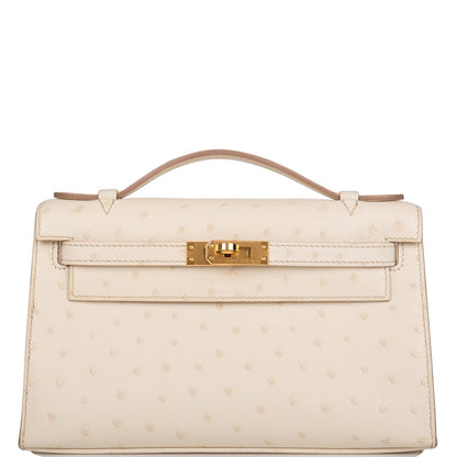 Hermes Kelly Pochette Beton Ostrich Gold Hardware